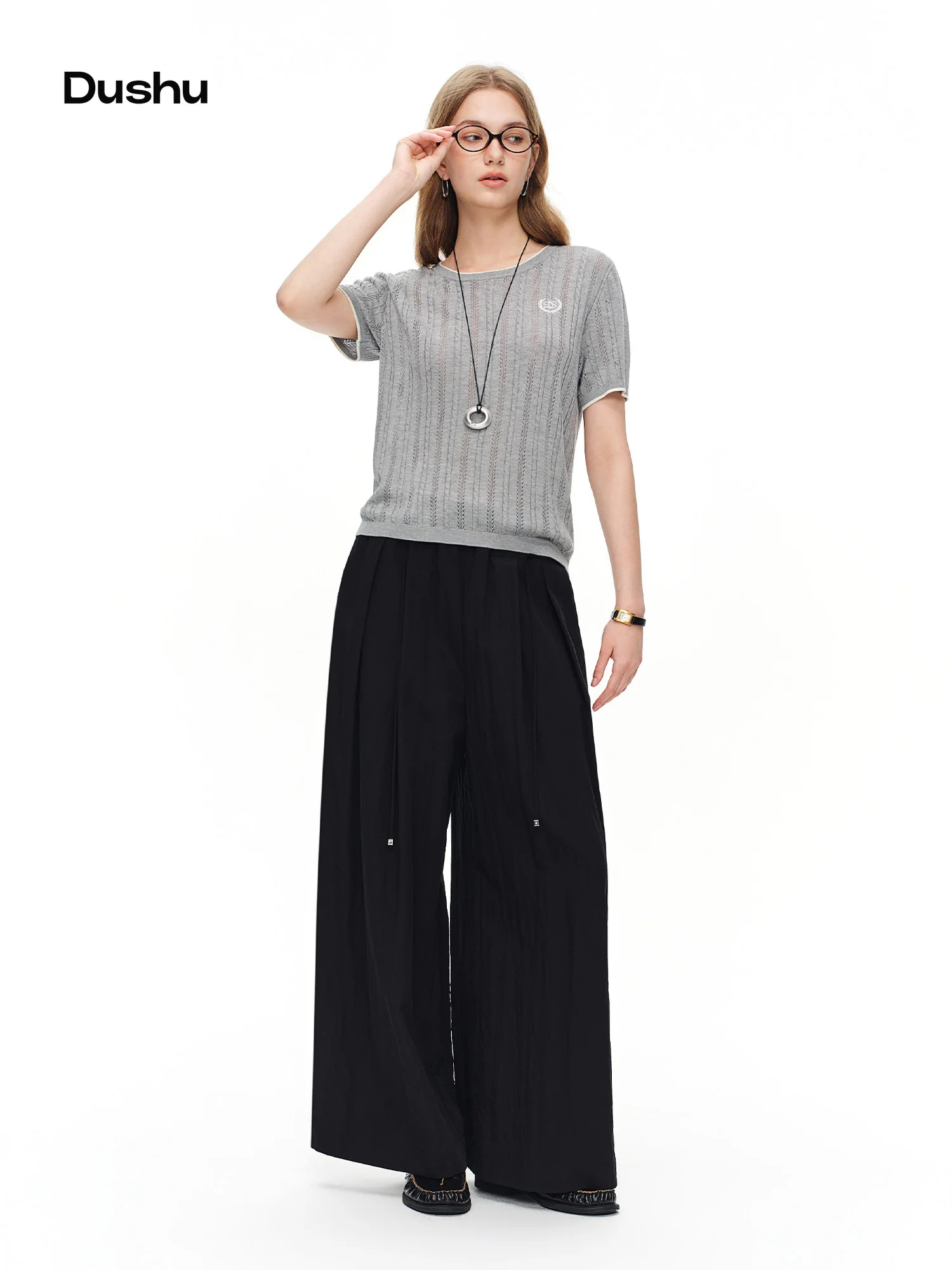 DUSHU 2026 Summer Women's Knit Waistband Wide Leg Pants, Relaxed Fit Yamamoto Style Trousers for Y2K Retro & Casual Street Style