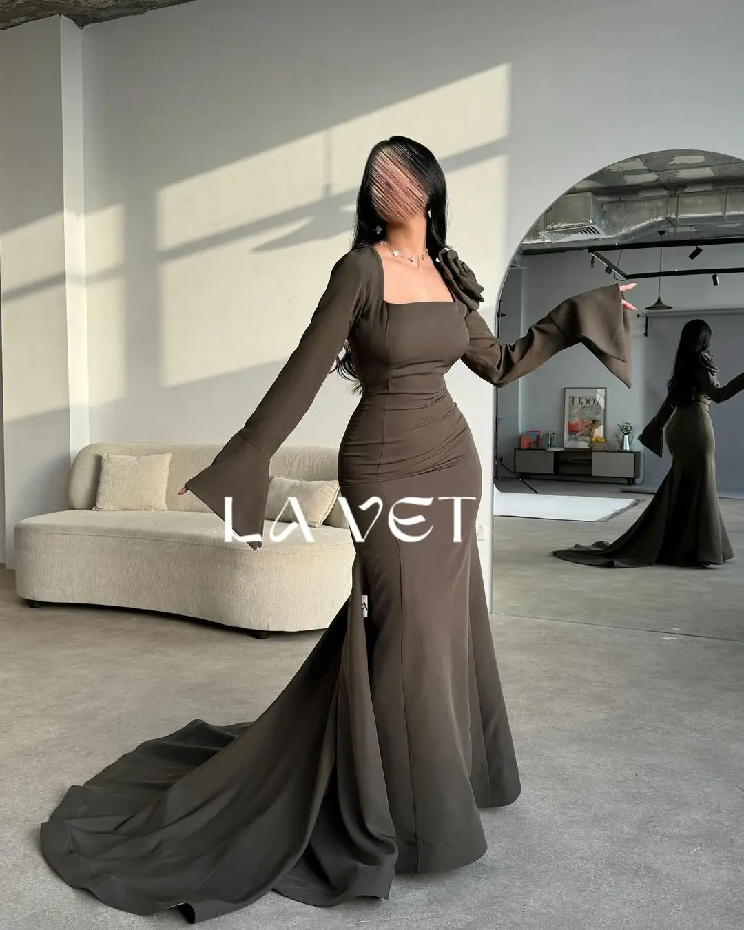 Scoggins Square Neckline Sweep Train Long Sleeves Chiffon Zipper Up Dubai Evening Dresses Wedding Party Dress Formal Dresses