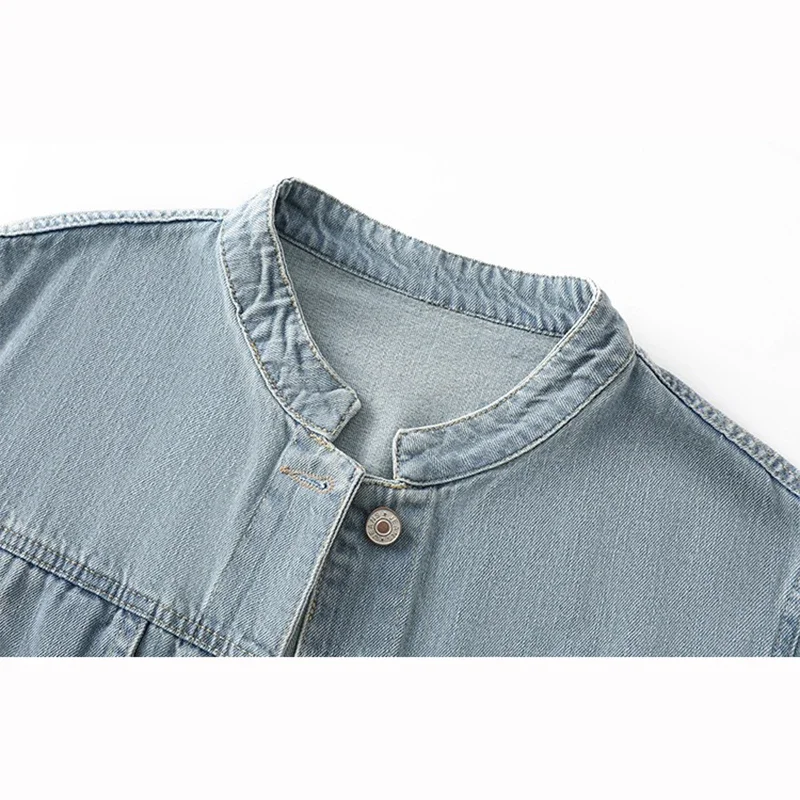 

Korean Fashion Lace Patchwork Light Blue Short Denim Jacket Summer Thin Loose Casual Lapel Long Sleeve Short Jeans Jacket Coat
