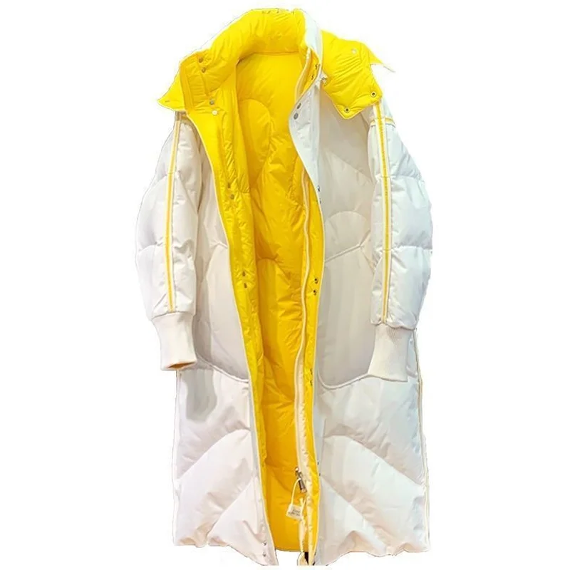 

New White Duck Down Jacket Hot Style Over-the-knee Long Double-sided Wear Thick Warm Down Jacket