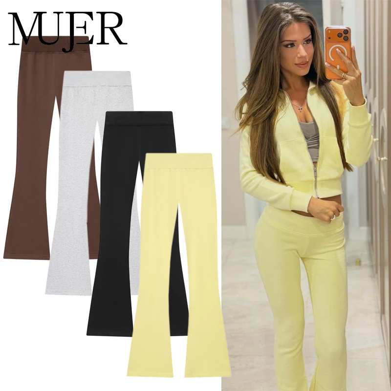 MUJER Sweatshirt Schlaghose Damen Fleece Hochbund-Hose Damenmode Lässige Damenhosen-Sets Sporthosen für Frauen