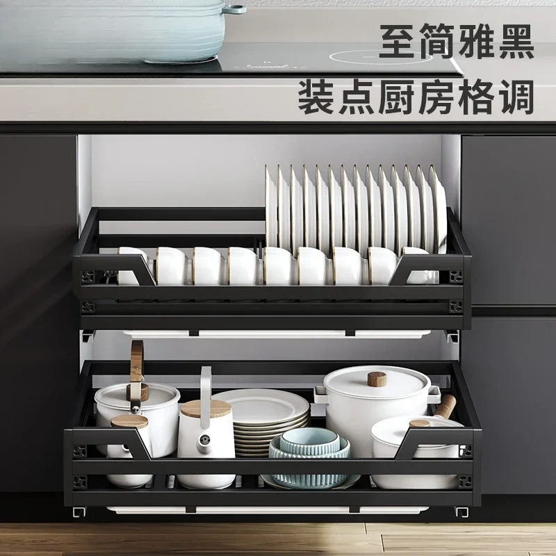 Cabinet Basket Double Drawer Dishes Stainless Steel Kitchen Plate Storage