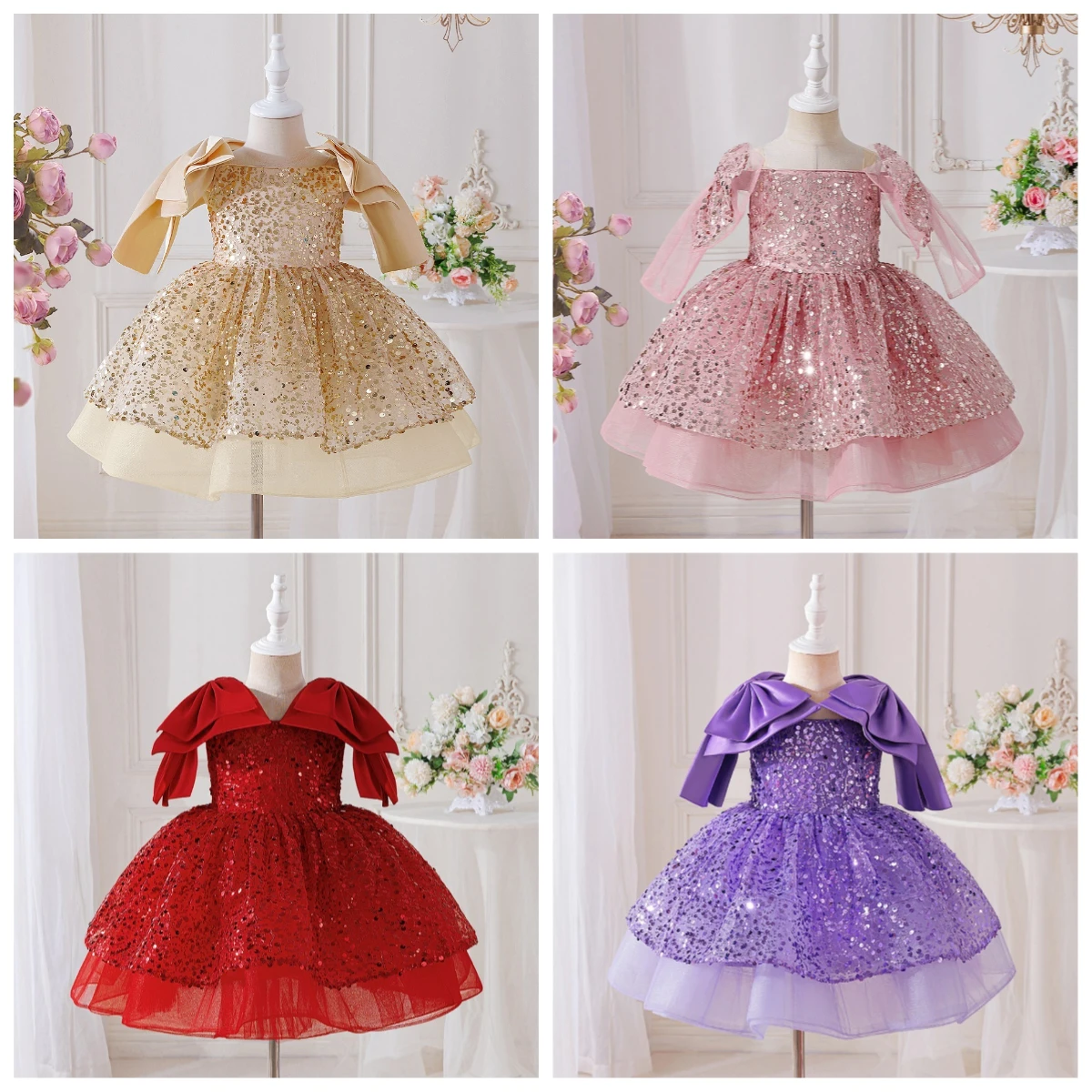 Girls Sparkly Sequin Tulle Formal Dress Large Bow Shoulder Sleeveless Puffy Skirt Kid Birthday Party Wedding Evening Dress ASQ03