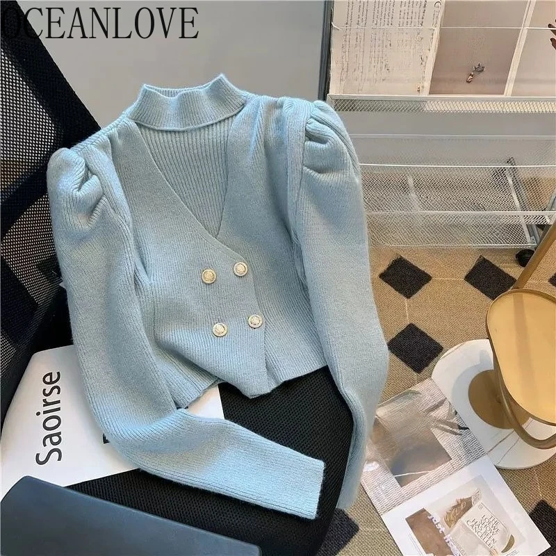 

OCEANLOVE короткие кардиганы двубортные с пышными рукавами однотонные осенне-зимние женские свитера с лямкой на шее корейская мода Sueter Mujer