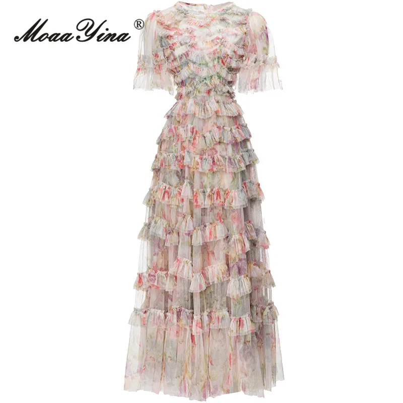 

MoaaYina Summer Fashion Designer Elegant Party Print Dress Women's Round Neck Cascading Ruffle High Waist Slim Mesh Long Dress