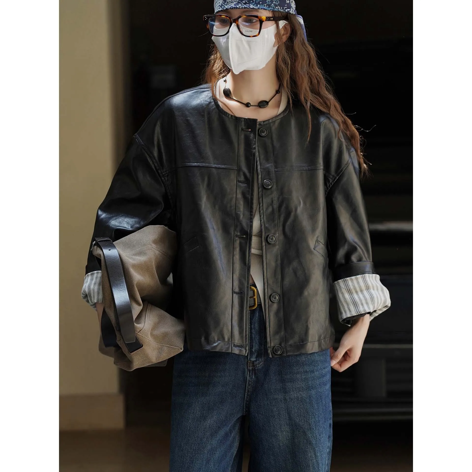 

Autumn Round Neck Hoodless Button Short Pu Leather Jacket Fashionable Design Coat For Women