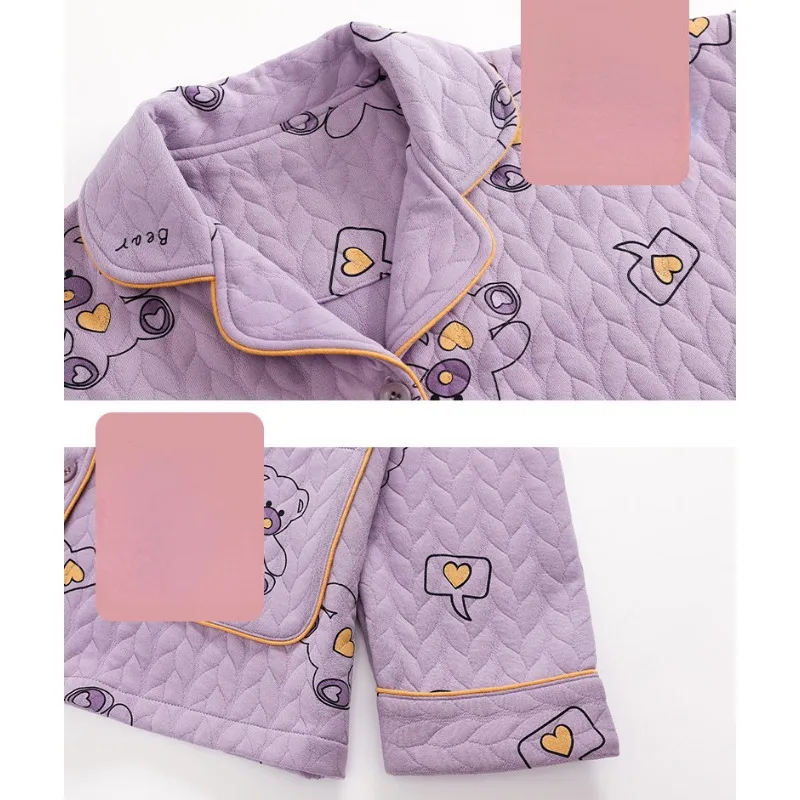2024 New Student Pajamas Women Spring Autumn Thickened Pure Cotton Loungewear Long Sleeved Three-layer Air Cotton Warm Homewear