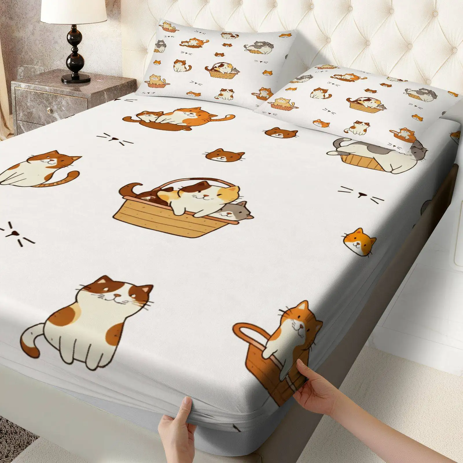3-Piece Mattress Protector Set, 2D Flat Printed Fitted Sheet, Cute Cat Print Fitted Sheet Set, Warm Theme Animal Print Bedding, Air Mattress Bedding, Home Bedroom Decoration, Holiday-Themed Fitted Sheet and Pillowcase, Mattress Protector, Stain-Resistant, Mattress Cover, Suitable for All Seasons, Machine Washable, Easy to Care For, Universal for Home Bedroom, Essential for Dorms and Rentals, Master Bedroom and Guest Room Decoration, Dust-Proof and Stain-Resistant, High Elasticity, Fits Various Sizes