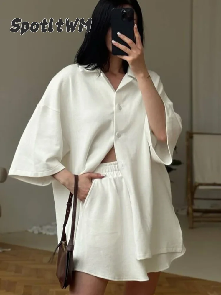 

Casual Solid Loose Beige 2 Piece Sets Women Fashion New Outfit 2025 Elegant Female Long Sleeve Shirt With High Waist Shorts Set