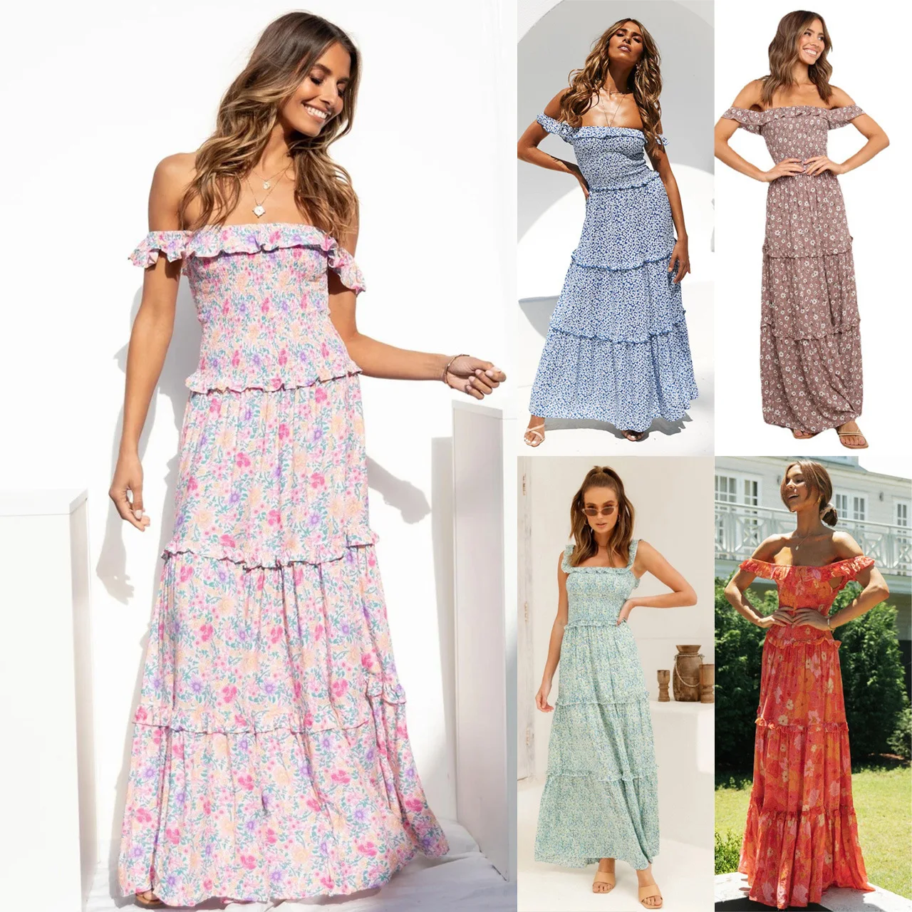 Bohemian Flowers Print Off Shoulder Long Dresses Women Fresh And Sweet Vacation Style Dress Fashion Beach Party Vestidos Female