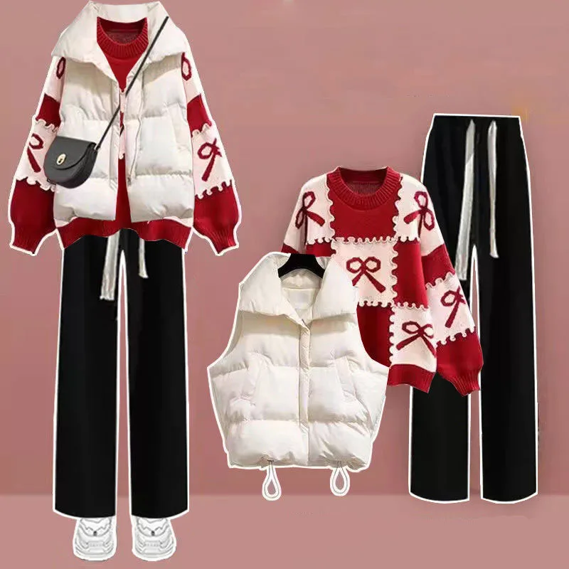 2024 Winter Set Female Student Korean New Year Red Sweater+Vest Cotton Coat with Fleece Checkered Pants 3-Piece Set