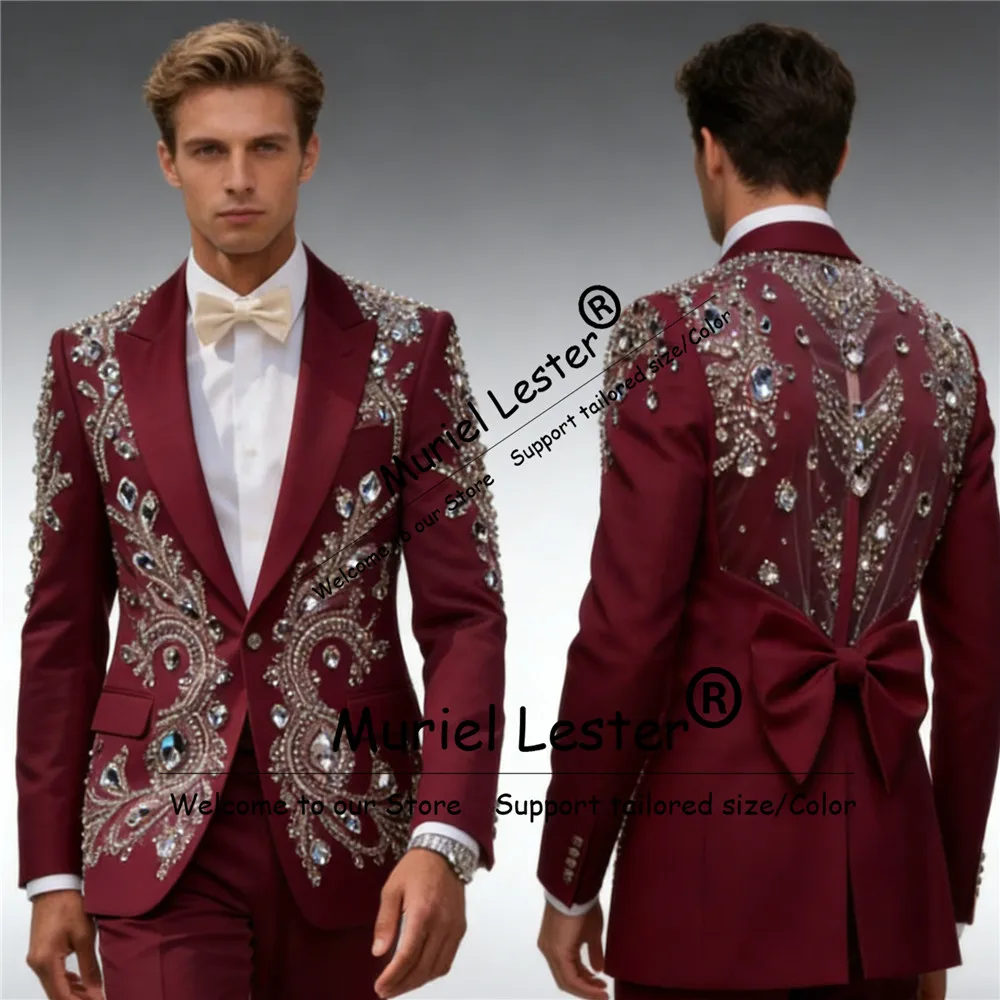 Exclusive Beaded Stones Suits Men For Wedding Illusion Back Prom Blazers Customized Man Banquet Tuxedos With Bow Ropa Hombre