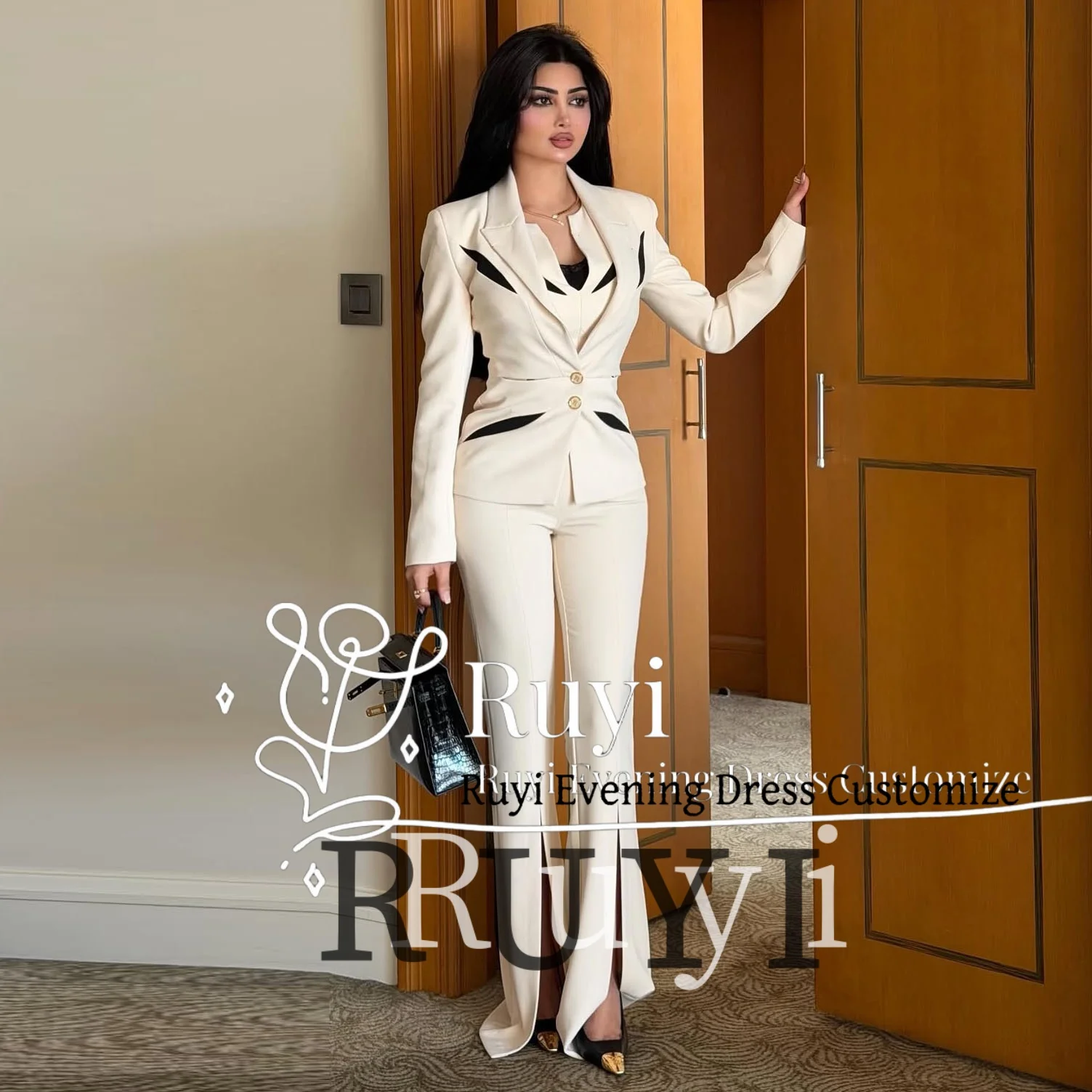 Customized Contrast Patchwork 3 Pieces Women Evening Dress Business Suit Blazer Vest Split Pants Formal Gown Office Party Outfit