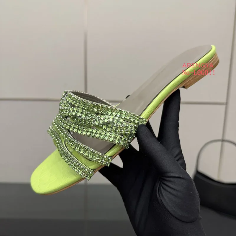 

Hollow Out Leather Crystal Flat Slippers Women Open Toe Modern Beach Slippers Summer Sexy Party Dress Shoes Woman Half Slippers