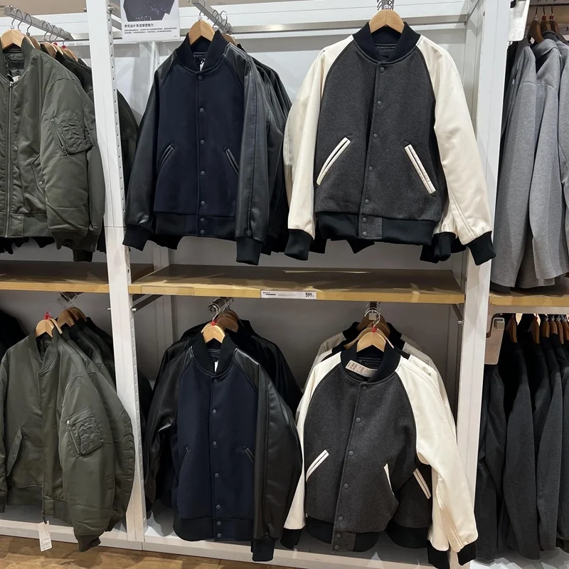 

Japanese Sle Autumn Winter ex Baseball Jaet American Campus Patchwork Pilot Cotton Coat Youth Faion Loose Fit Long ...