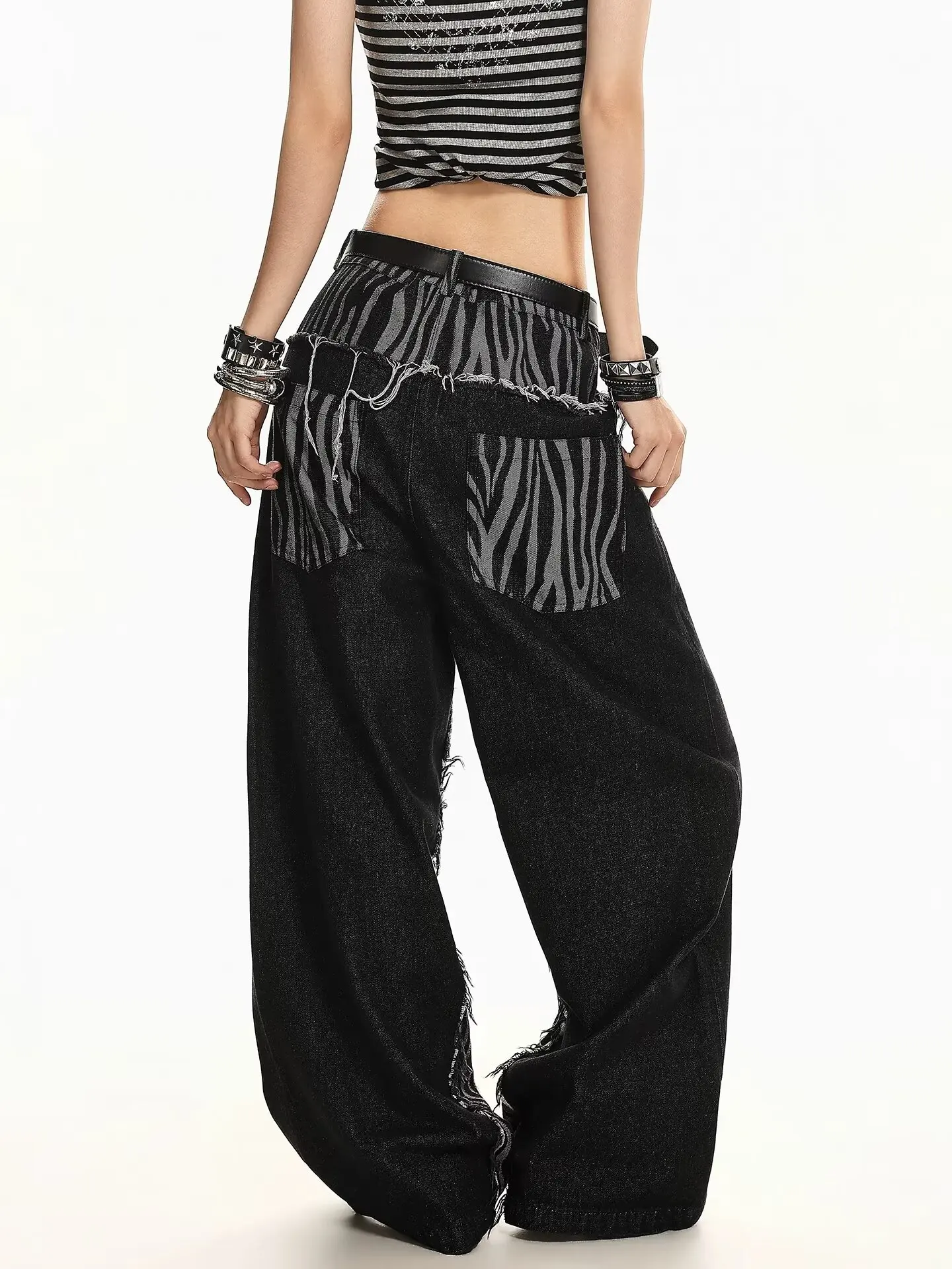 2026 American Retro Y2K Style Contrast Color Patchwork Black Baggy Women's Jeans Pants For Woman Clothing Wide Leg Long Trousers