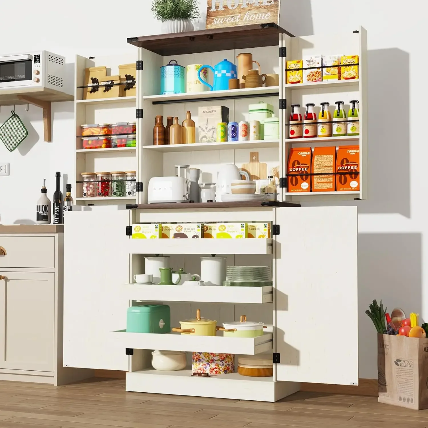Farmhouse Kitchen Pantry Cabinet with 3 Drawers,71' Tall Rustic Wood Storage Cabinet with 6 Door