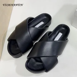 Pink Black Leather Corss Open Toe Summer Slipper Shoe Slip on Flat Platform Leisure Beach Slides Brand Name Luxury Loafers