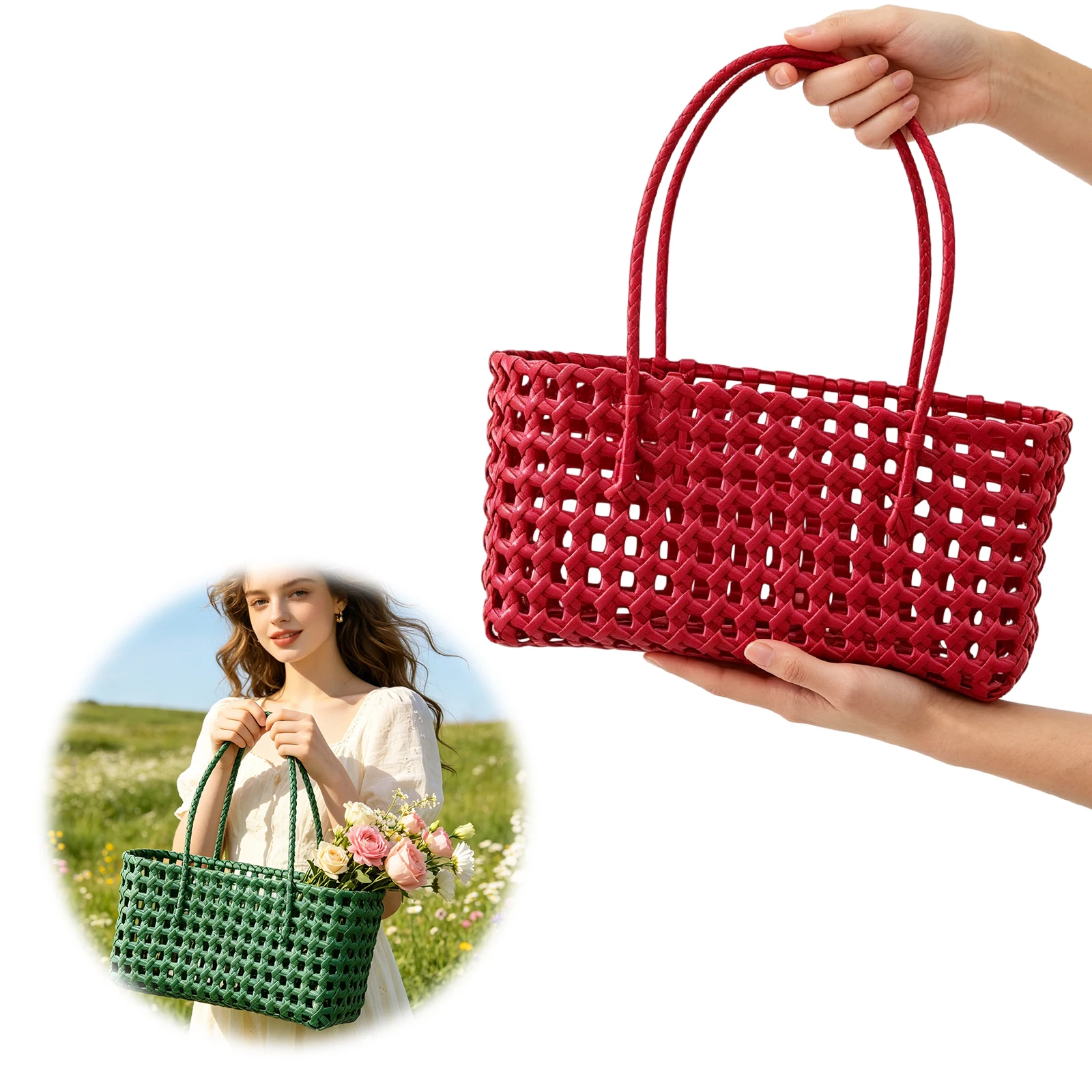 Shoulder Bag Handheld Picnic Basket Simple Handbag Simple Woven Shoulder Bag for Outdoor Fruit Picking Flower Arranging