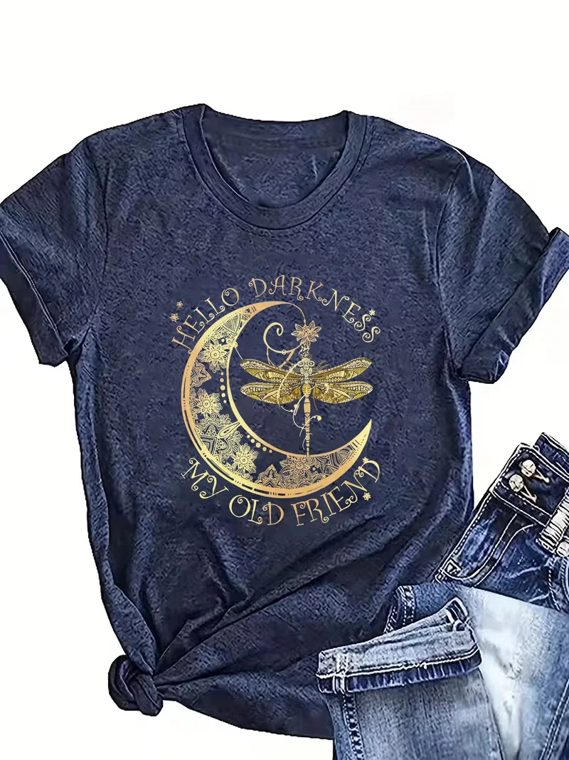 Camiseta Boho Yellow Dragonfly Moon "Hello Darkness My Old Friend" Heather Navy |   Camiseta de arte místico ZT0028