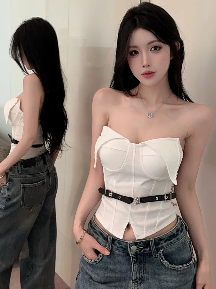 

Pure Desire Spicy Girl Personality Turn-down Collar Slit Crop Top Women's Spring Summer High-grade Slim Fit Show Body Top