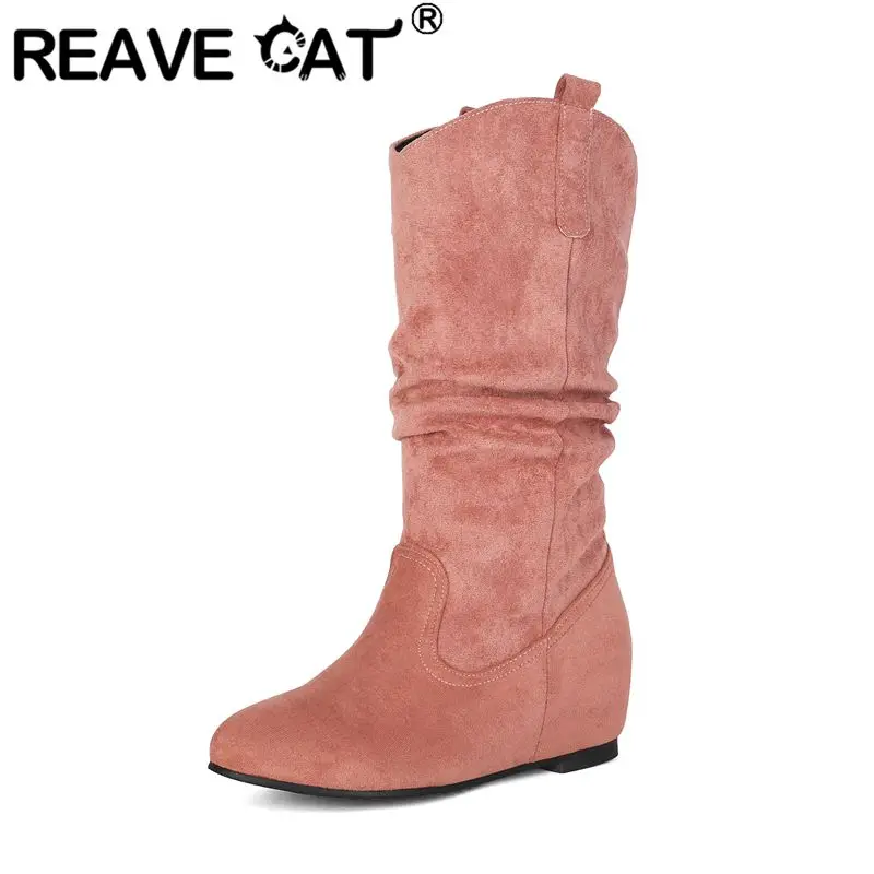 REAVE CAT Pink Women Mid Calf Boots Round Toe 4.5cm Wedges Heel Flock Suede Large Size 45 46 47 48 Handmade Fashion Dating Botas