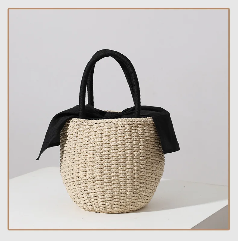 2022 Summer Round Rattan Handmade Sunglasses Pearl Bag Bohemian Leisure Straw Bag Bucket Knit Shoulder Crossbody Bead Beach Bag