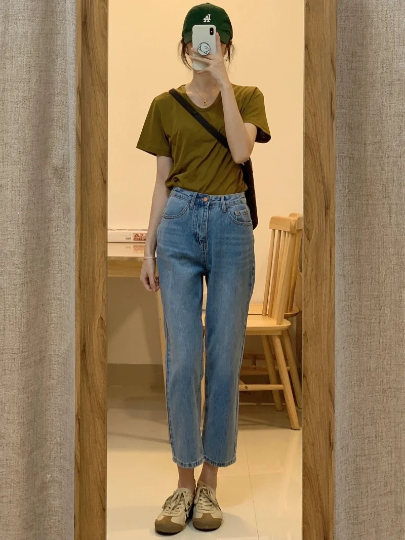 Retro high waisted Jeans Women Summer Thin Slim fit Slimming Straight Pants Design Sense Cropped Pants High Street Fashion Ins