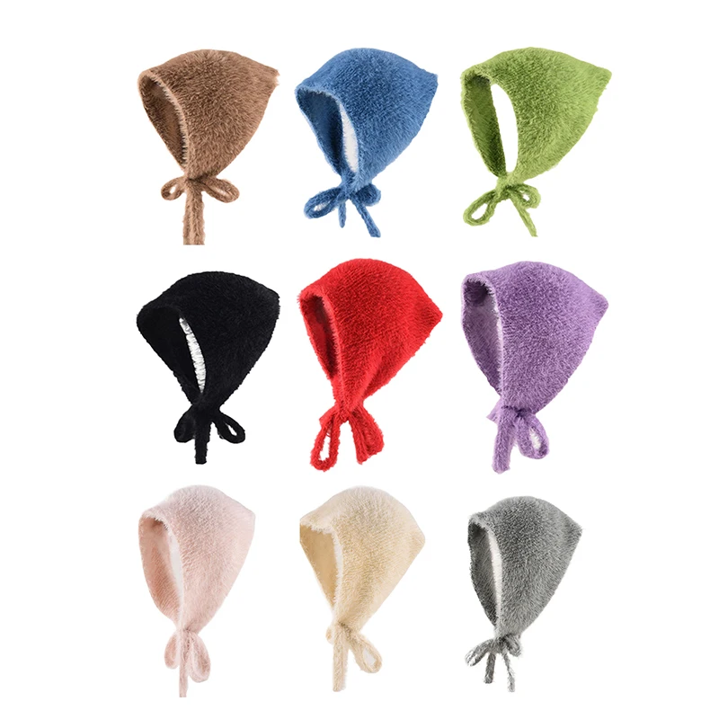 Simple French Headscarf Women's Autumn and Winter Warm Plush Knitted Triangle Scarf Sweet and Cute Lace-up Cover Headband