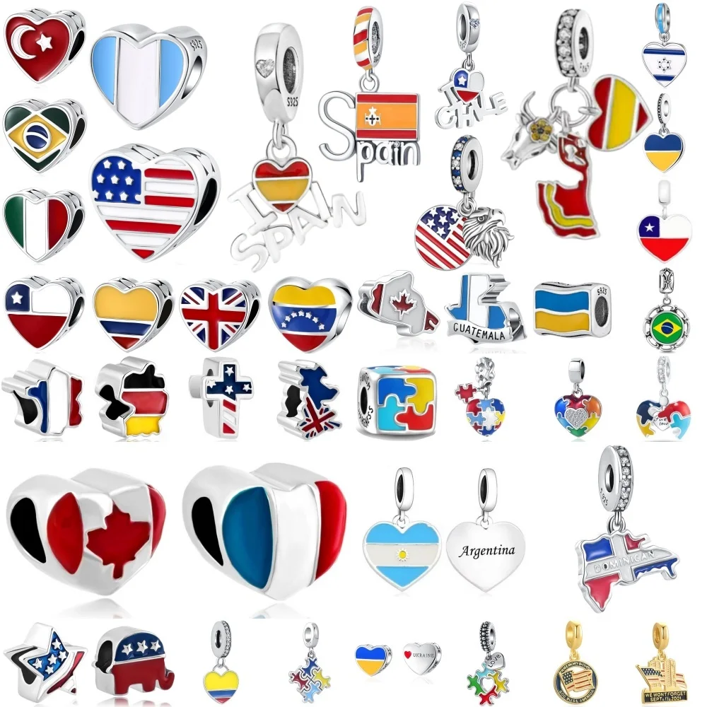 Hot Selling925 Silver,Heart-Shaped Flags of Various Countries,Suitable For Original Bracelets, DIY Accessories,Exquisite Jewelry