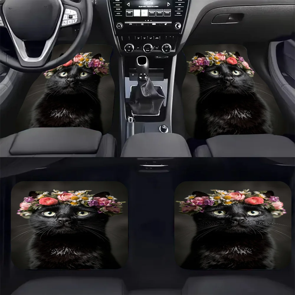 Set Of 4 Floral Cat-Themed Car Floor Mats - Fashionable, Easy To Maintain, Compatible With For All Types Of Vehicles, Long-Lasti