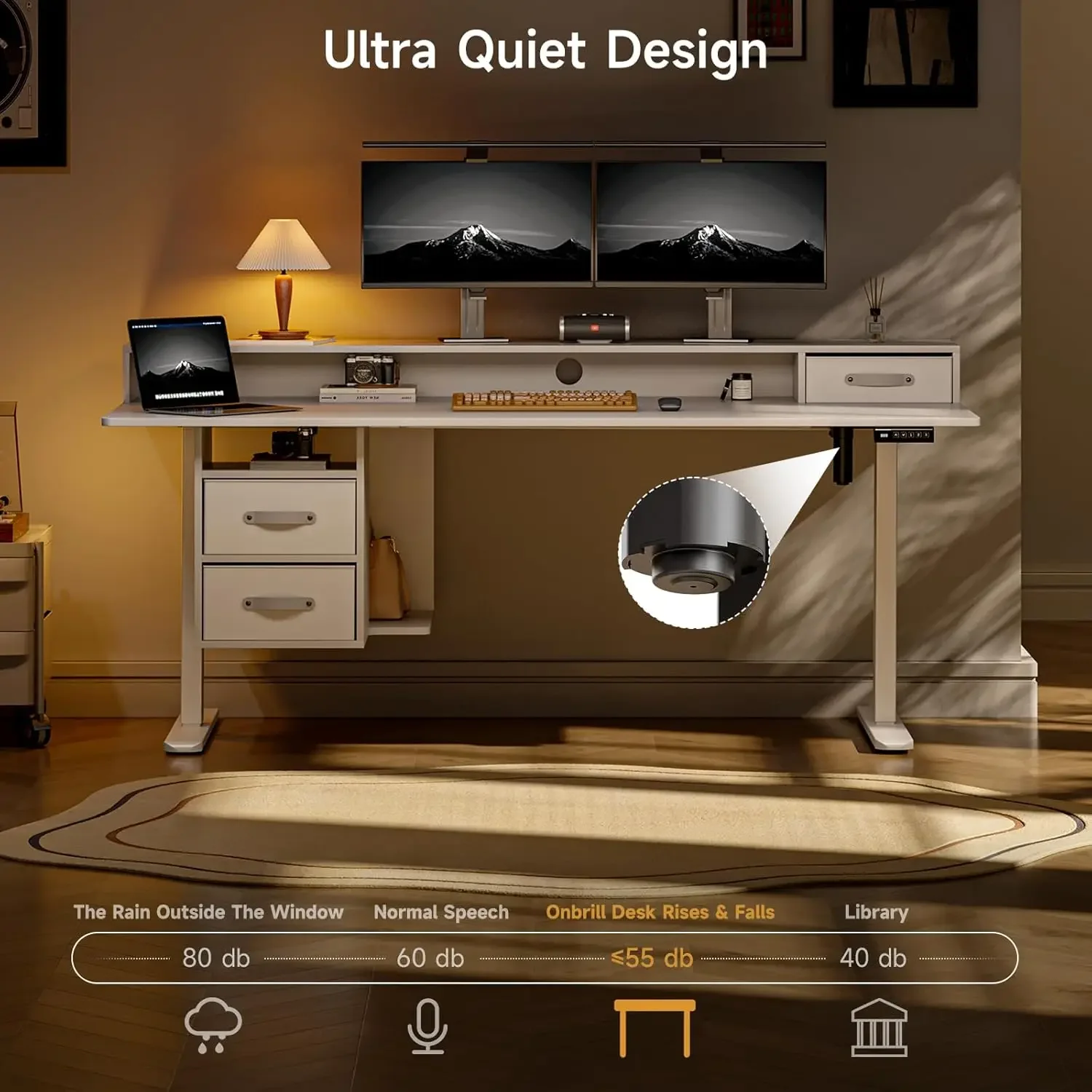 Mesa de pé com gavetas, mesa elétrica de 63x24 polegadas com 3 gavetas e prateleira de armazenamento aberta, mesa de suporte para sentar