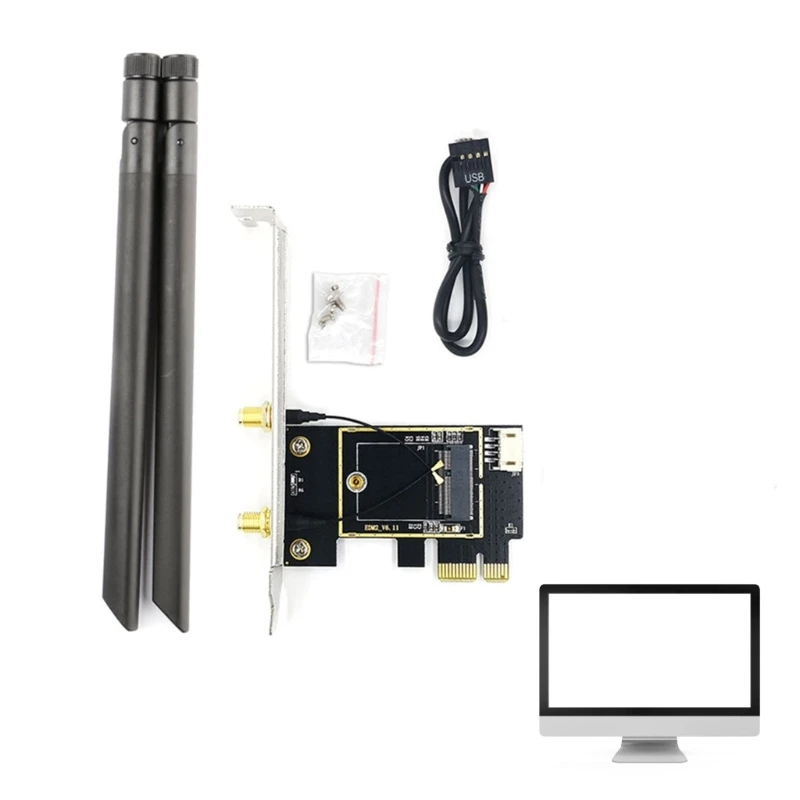 NGFF-M2 WIFI Card to PCIE Adapter with 2 Antennas for 7260 8265 1650 1675X AX200