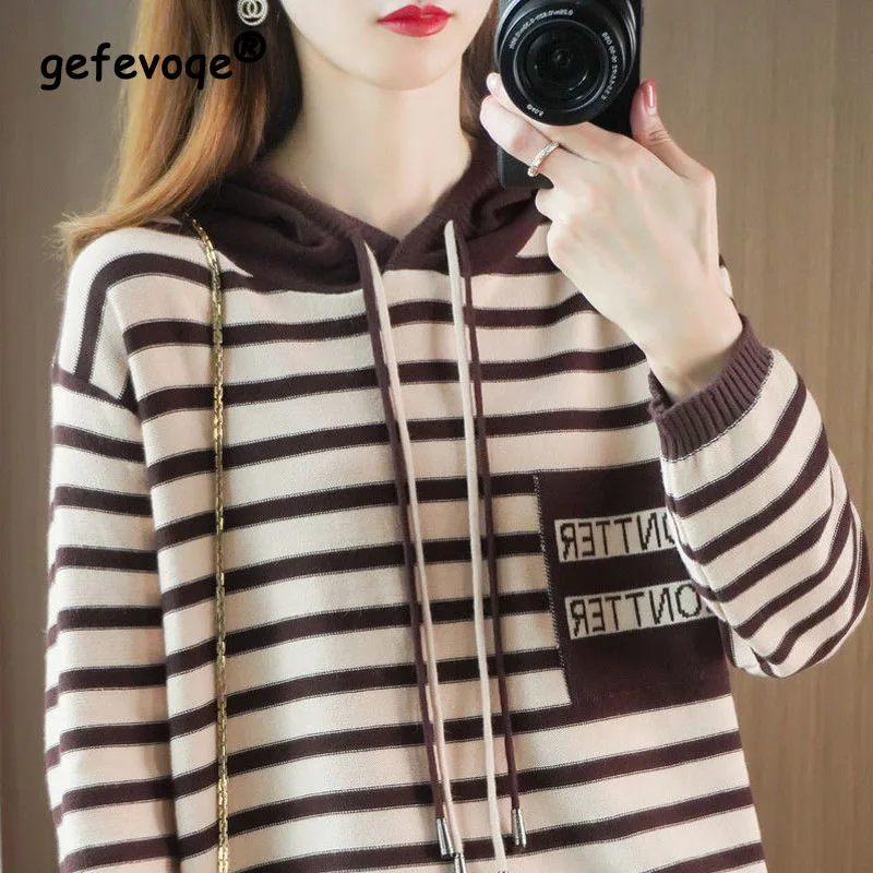 2023 Autumn and Winter Women\'s New Hooded Knit Sweater Sweater Loose Striped Versatile Comfortable Western Bottom Hat Top