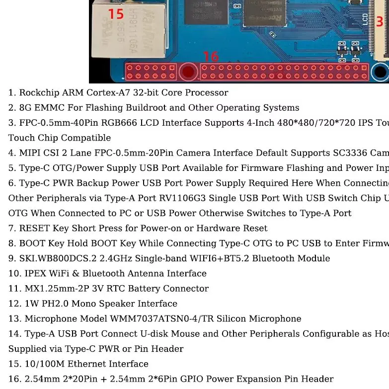 RV1106G3 Development Board Embedded ARM Linux AI 1.8GHz Cortex-A7 WiFi6 BT5.2 MIPI CSI RGB LCD USB OTG Ethernet Interface