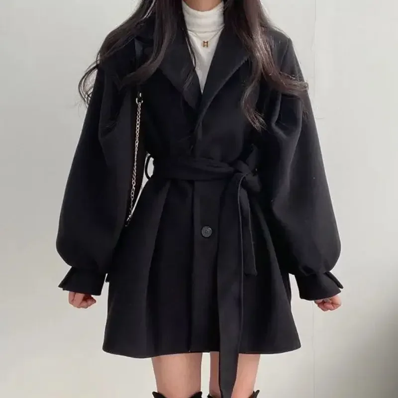 

Women's Fashion Black Woolen Jacket Women's Autumn/winter New Trendy Medium-length Korean Style Suit Collar Petite Wool Overcoat