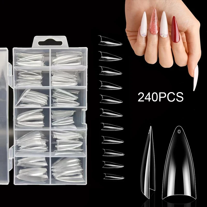 240 件 Clear False Nails Tips Half Cover Fake Nail 12 Sizes Stiletto Shape Nail Tips Manicure with Box for Nail Salon Home DIY