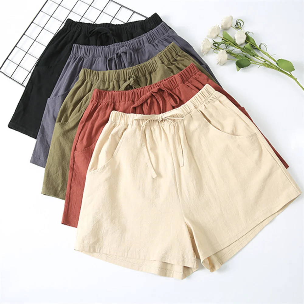 

Summer Thin Cotton Linen Shorts Women's Student plus Size Comfortable Straight Leg Loose Fit Natural Waist Wide Leg Pants