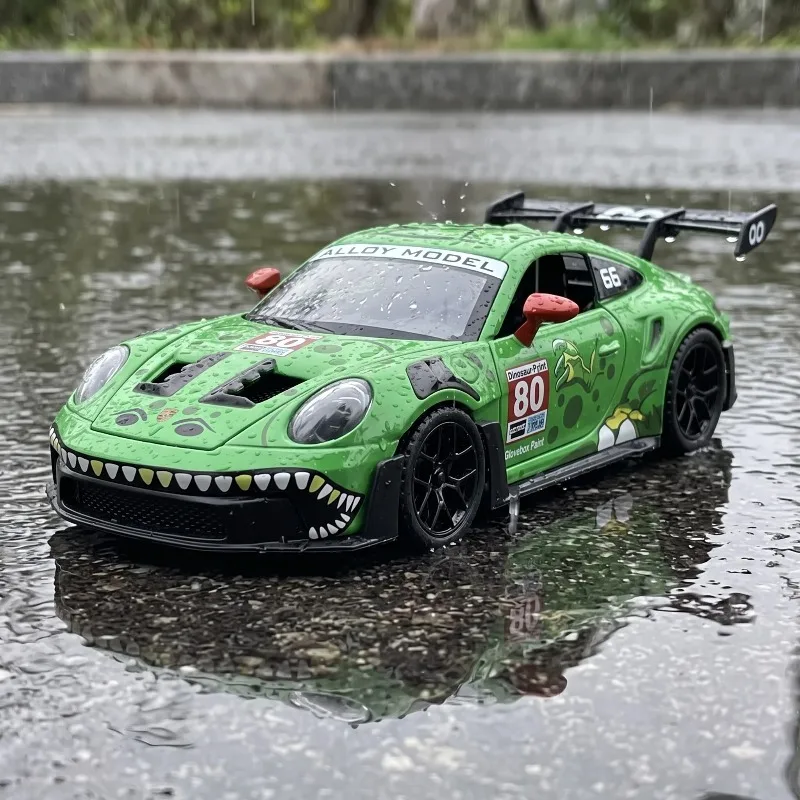 1:32 Alloy Metal Diecast Model Car Compatible With Porsche 911 GT3 RS 992 Dinosaur Livery Edition German Sport Car Birthday Gift