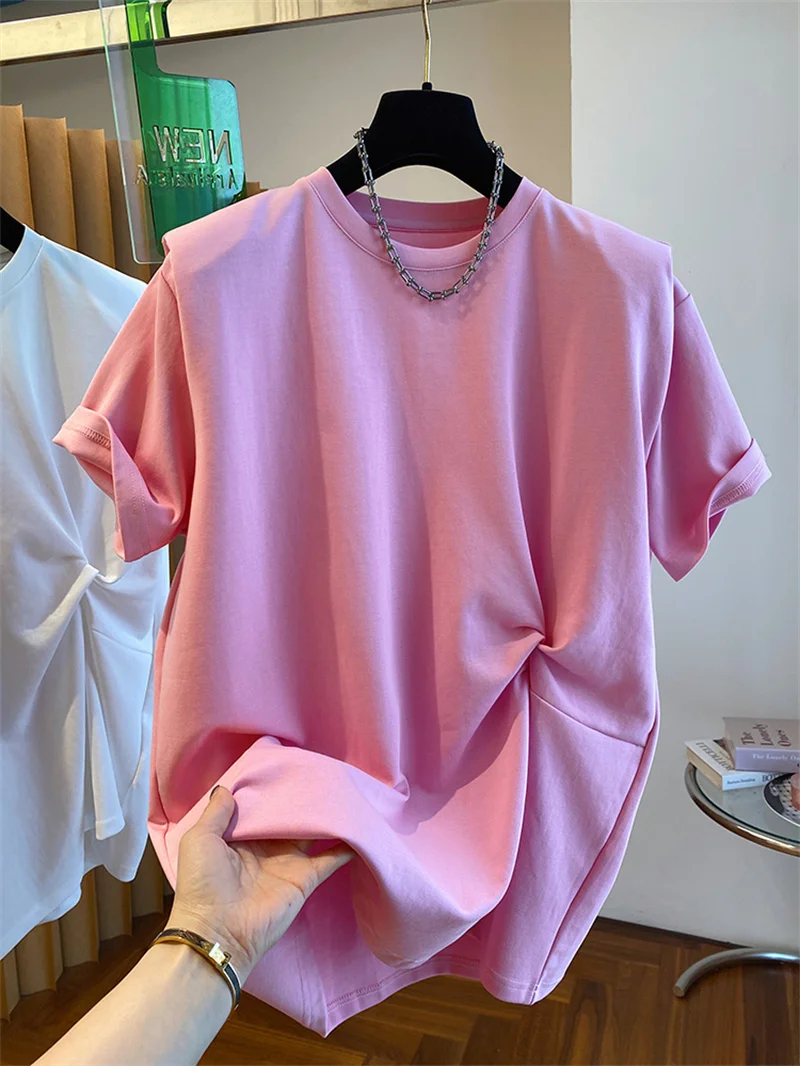 

Korean Style Loose Short Sleeve Pure Cotton Shoulder Pad T-Shirt Women's Bottoming Shirt Summer Basic round Neck Top