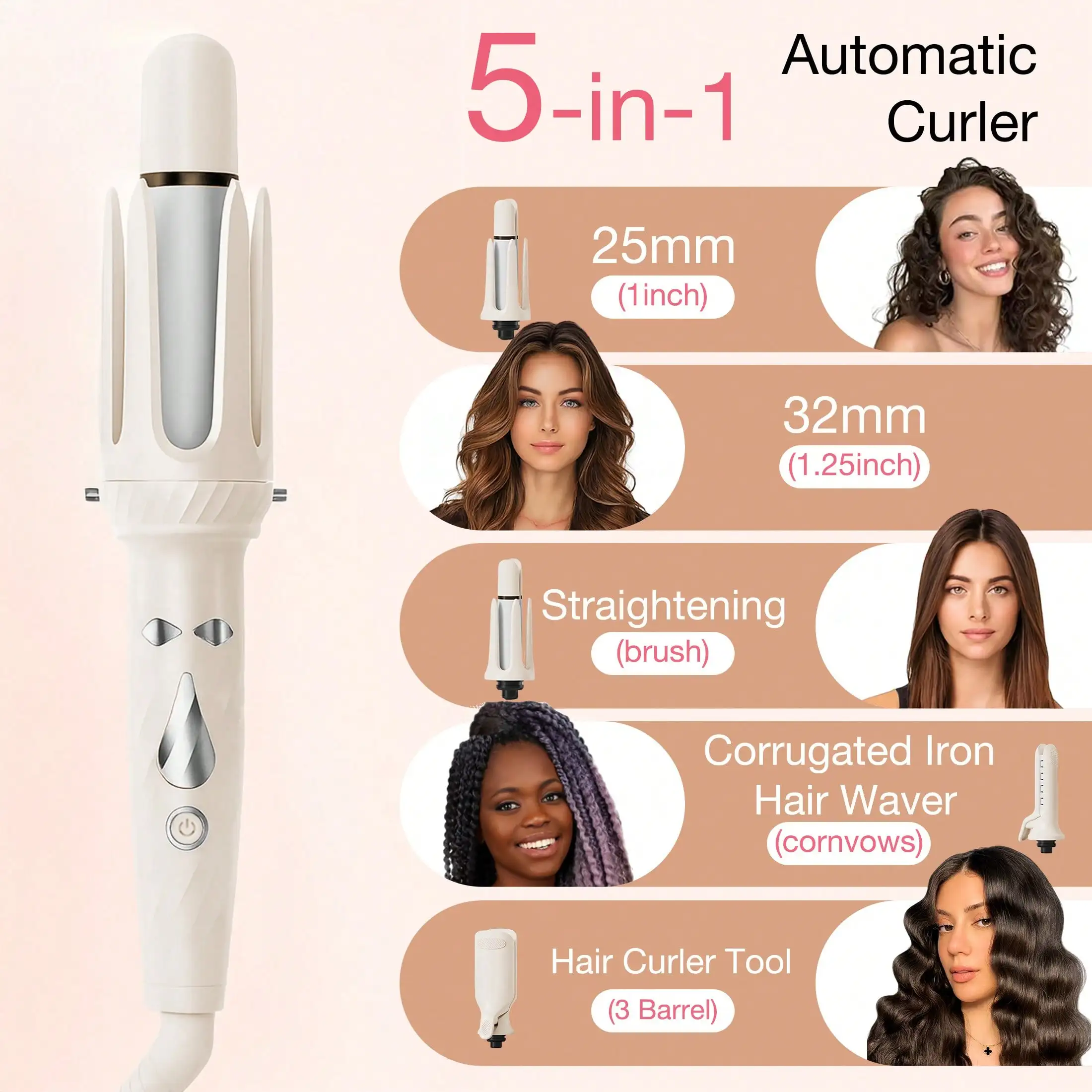 5 in 1 Hair Styling Tool Set, Automatic Curling Wand, Straightening Brush and Wave Iron, Quick Heating Multi-Styler, All-in-One Hair Curler Straightener, Gift for Women