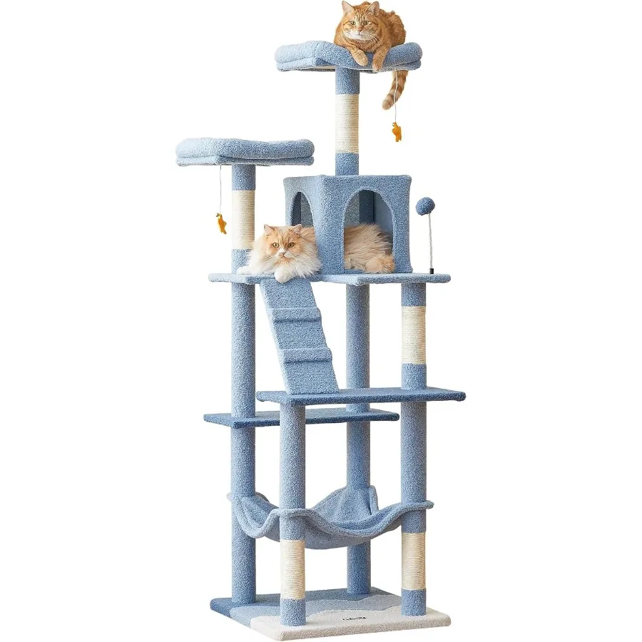 

Ocean-Themed 70.1-Inch Multi-Level Tall Cat Tree for Indoor Cats with Plush Padded Perches Sisal-Covered Scratching Posts Hangi