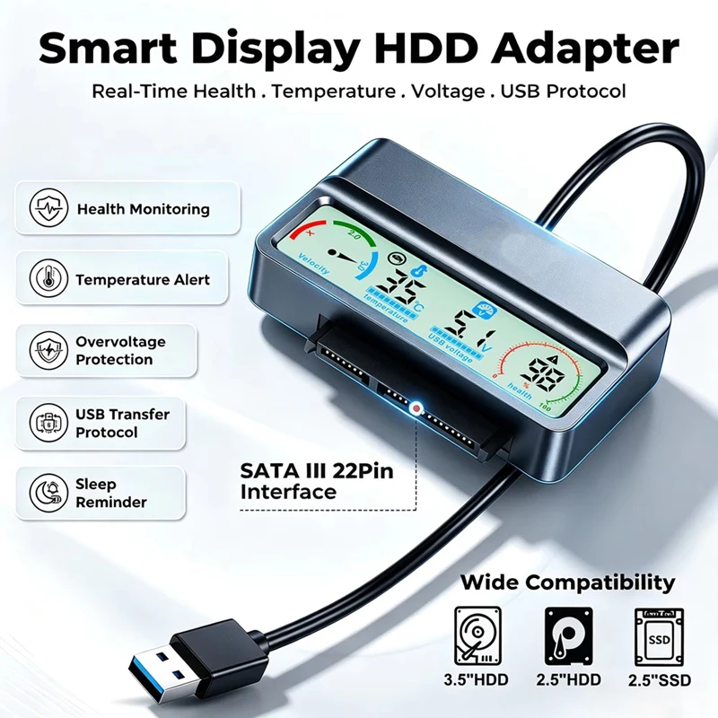 DT21 USB 3.2 to for SATA Adapter Cable, Converter for 2.5 3.5 HDD SSD, External Hard Drive Reader with Smart Display