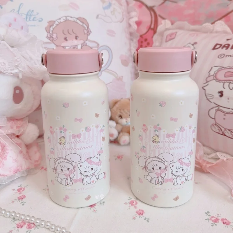

Kawaii Mikko, 650 мл, термос из нержавеющей стали 304 большой емкости для девочек, милый мультяшный дизайн, кофейная чашка, идея подарков на день рождения