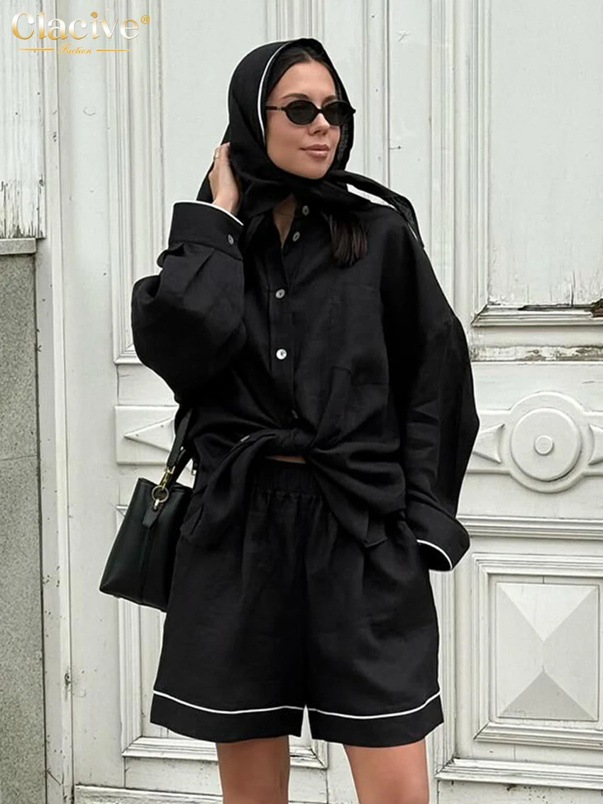 

Clacive Fashion Loose Black Cotton 3 Pieces Set For Woman 2025 Elegant Long Sleeve Shirt + Headscarf With High Waist Shorts Set