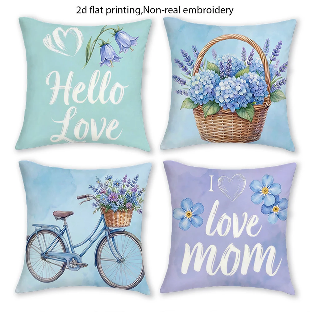 1/4pcs Vintage Blue Bicycle Flower Basket Throw Pillow Cover Home farmhouse outdoor decoration cushion cover