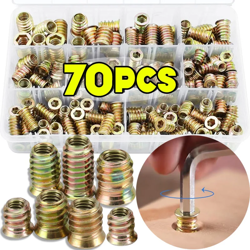 70pcs Threaded Insert Nut E-nut Kit Flush Nut Inserts Wood Bolt Furniture Headless Screw Hardware Nut Furniture Assortment