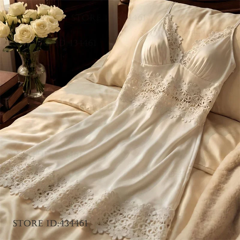 Summer New Mujer Suspender Nightgown Chemise Sleepwear Sexy Hollow Out Mini Night Dress Intimate Lingerie Silky Satin Homewear