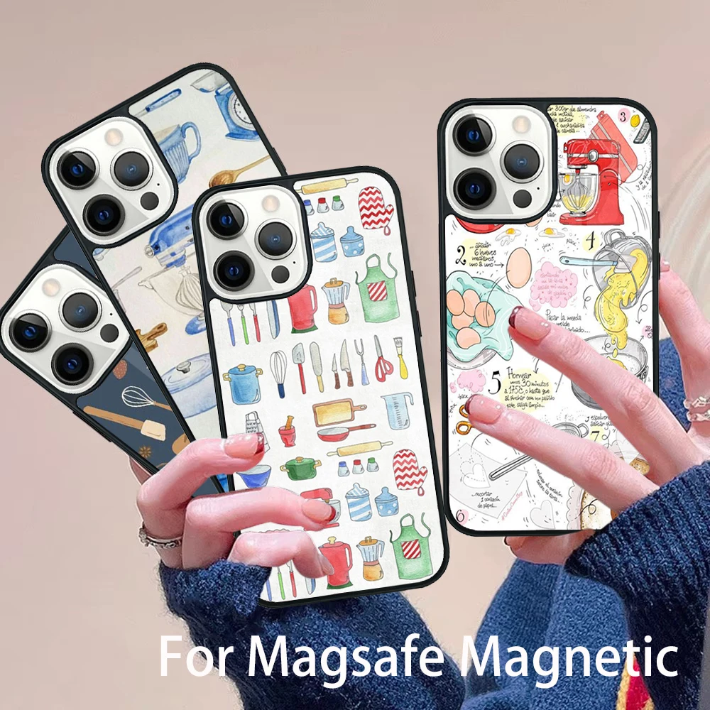 

Colourful Kitchenalia pattern Phone Case Magesafe Magnetic Wireless Charge Cover For IPhone 16 11 12 13 14 15 Pro Max Plus Mini