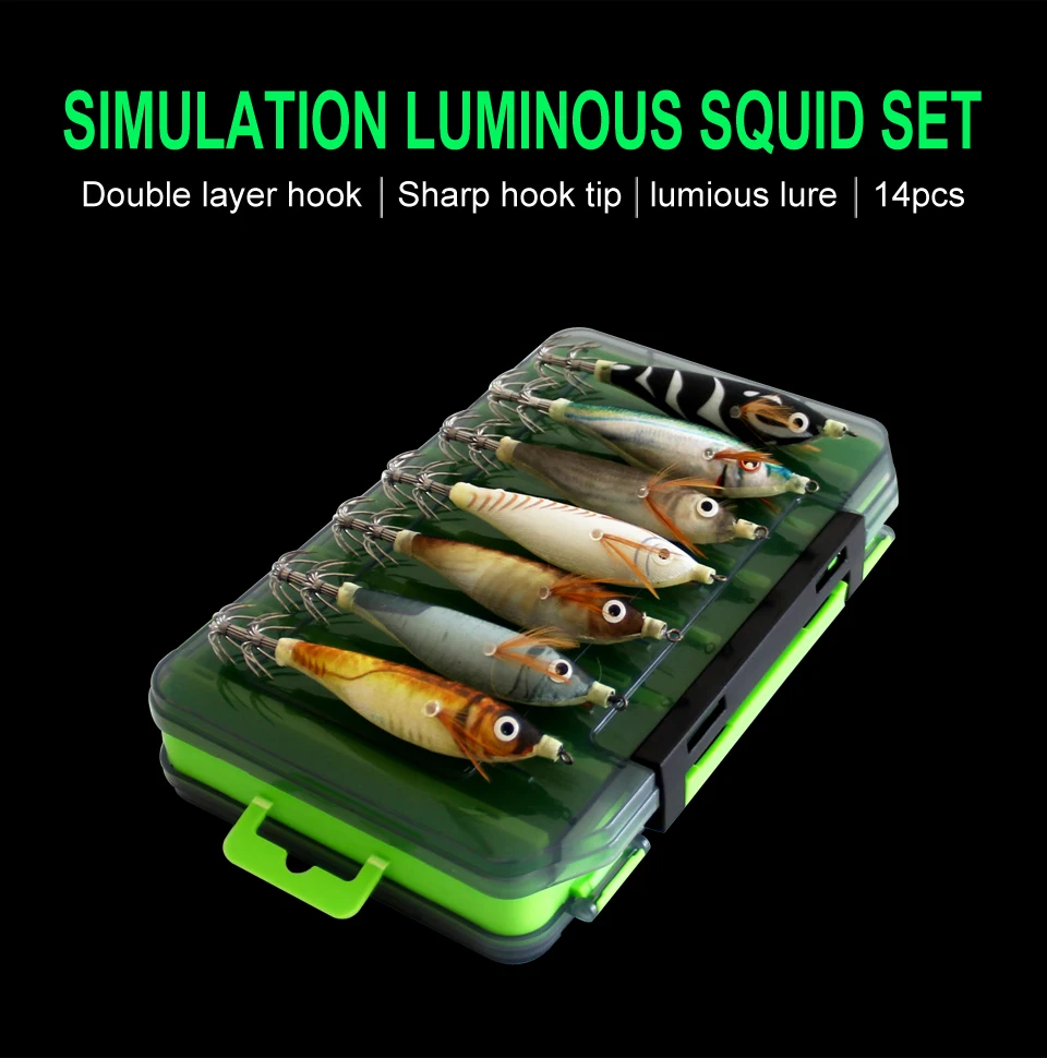 14pc Angeln Lockt Kit Horizontale Tintenfisch Jig Köder Künstliche Leucht Webfuß Octopus Egi Locken Wobbler Tintenfisch Haken Meer Tackle – Detail 1